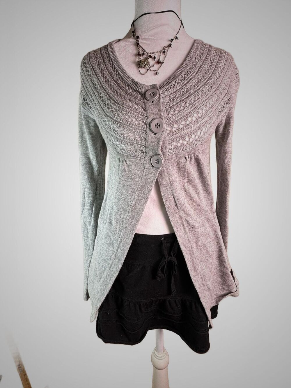 Daytrip Gray Knit Open Front Cardigan Sweater Y2K Fairy Twee Snow Bunny Sz S/M